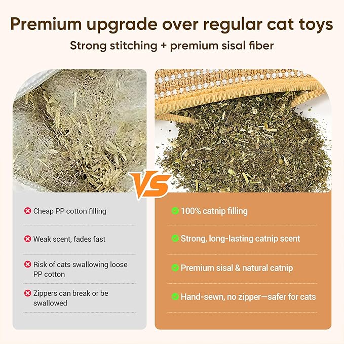 Sisal Catnip Pillow Toy Kickers, 2 Pack Interactive Catnip Toys with Organic 8000mg Herbal Blend for Indoor Scratching, Chewing & Teething, Fun for Kittens and Adult Cats