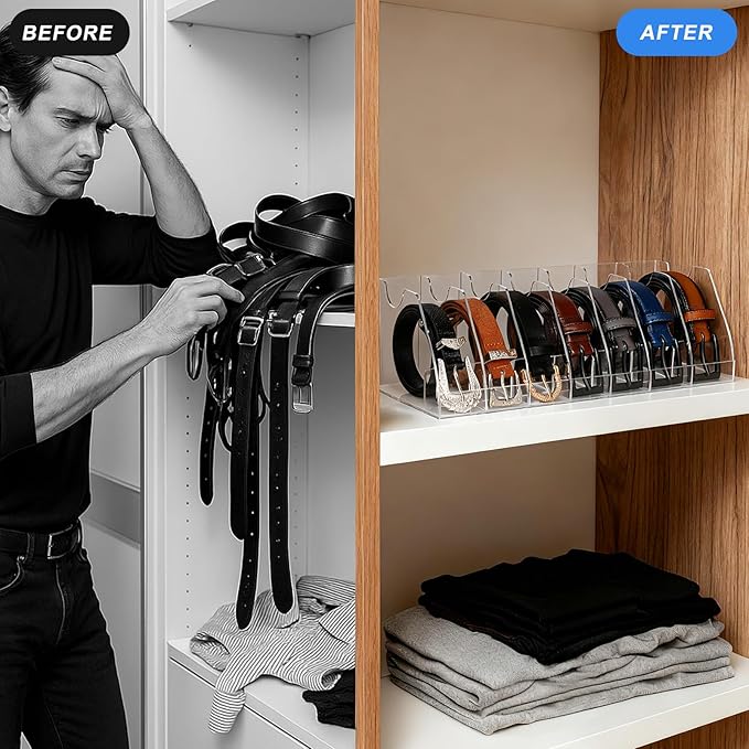 XZQTIVE Belt Organizer, Acrylic Belt Storage Holder for Closet with 7 Compartments, Clear Display Case For Ties,Socks