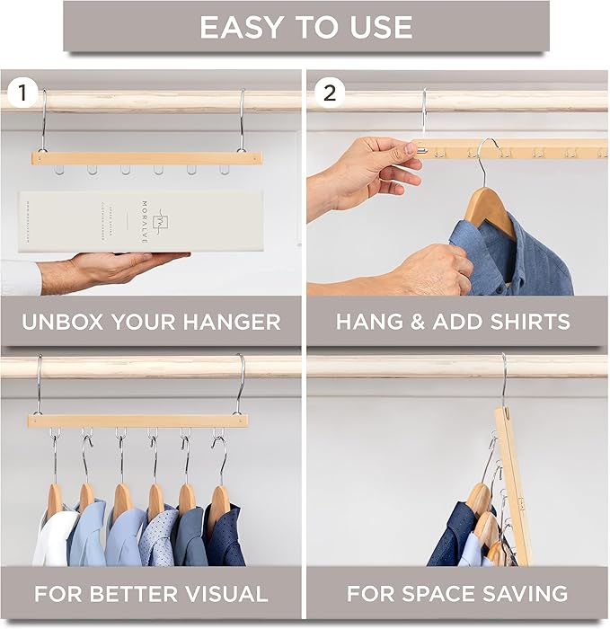 MORALVE Space Saving Hangers for Closet – 4 Pack European Beechwood 6-Tier Shirt Organizer with 360° Swivel Hook – Collapsible Clothes Hanger for Closet Organization (Hangers Not Included)