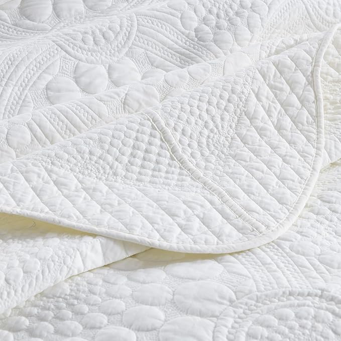 MarCielo 100% Cotton Quilt Set - 3-Piece Embroidered Farmhouse Bedspread & Shams, All-Season Breathable Bedding (Tf Bright White,King)