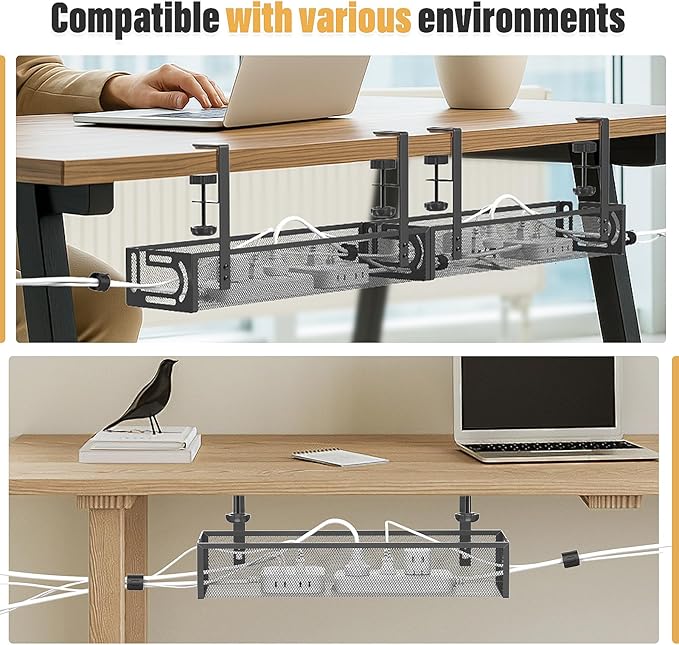 2 Pack Under Desk Cable Management Tray No Drill, Metal Mesh Cable Tray with Clamp for Desk Wire Management, Cord Organizer Box for Office, Home