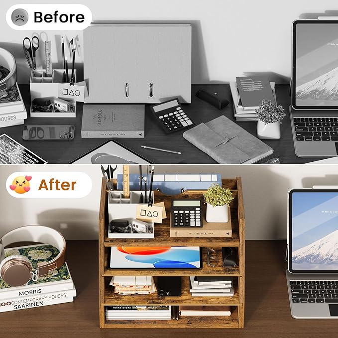 4-Tier Desk Organizer with File Holder, Wooden Desktop Organizer for Papers, Folders & Office Supplies, Space Saving Letter Tray Mail Organizer for Home Office School Accessories, Rustic Brown