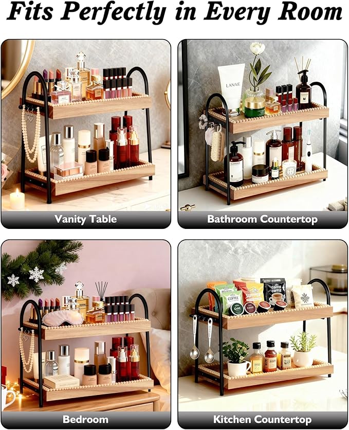 2-Tier Perfume & Makeup Organizer with 8 Jewelry Hooks, Eco-Coated Paulownia Wood Vanity Tray for Bathroom, Coffee Bar & Dresser - Large Storage Shelf for Skincare Bottles (Light Brown & Black)