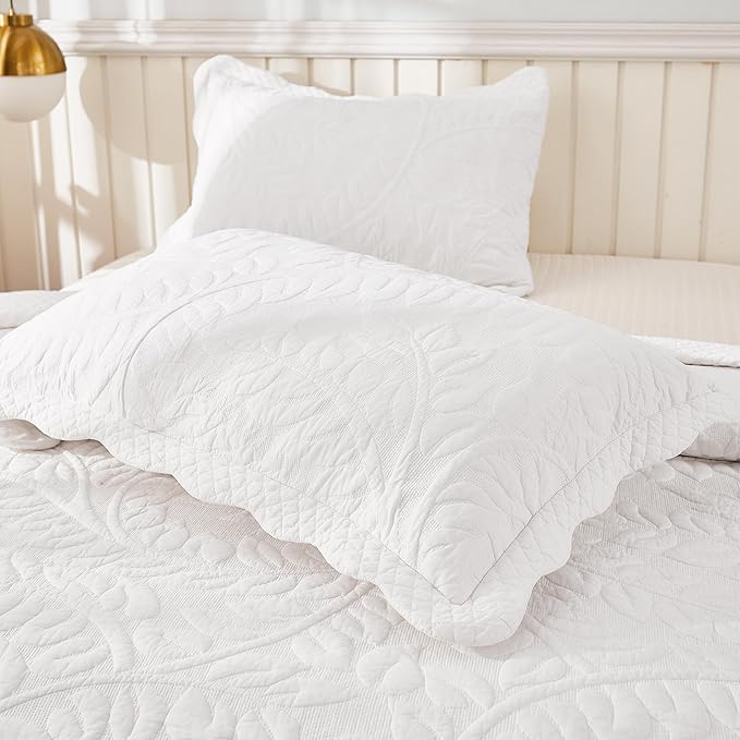 MarCielo 100% Cotton Quilt Set - 3-Piece Embroidered Farmhouse Bedspread & Shams, All-Season Breathable Bedding(Bright White,King)
