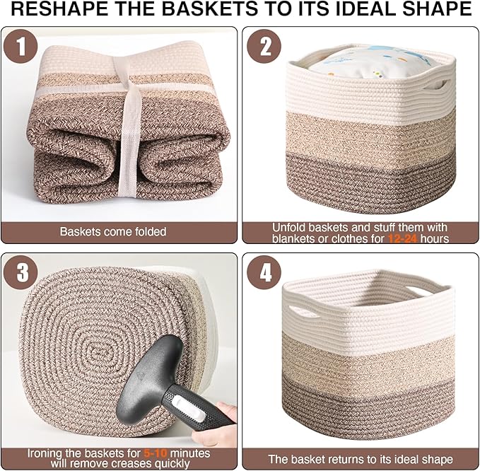 13 Inch Cube Closet Storage Bins, Woven Cotton Rope Organizer Baskets for Organizing & Shelves, Books, Towels, Clothes, Toys, 13x13x13 in, Gradient Brown (Pack of 3)