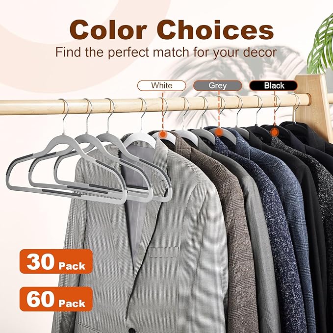 HOUSE DAY Heavy Duty Plastic Hangers 60 Pack, Non Slip Clothes Hangers with Rubber Pads and 360° Hook - Thin 0.2 Inch, Space Saving Coat Hanger Grey, Closet Organizer for Shirt, Pants, Suit, Skirt