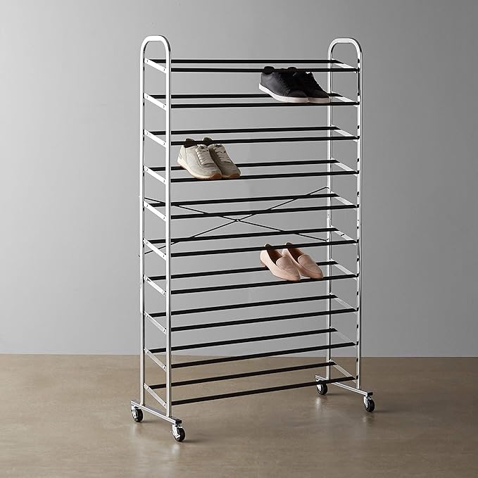 Amazon Basics 50-Pair Shoe Rack Organizer, Chrome, 35.8 x 14.6 x 59.5 inches