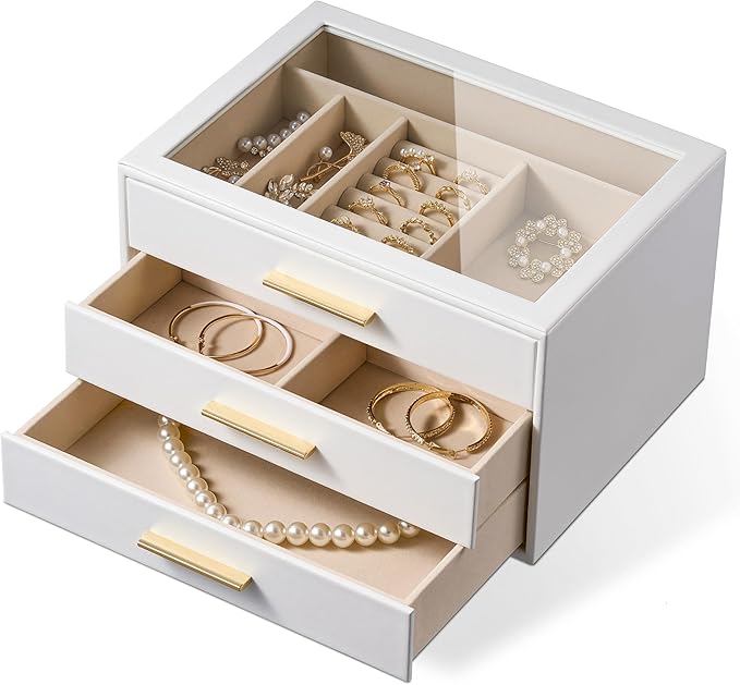 pickpiff Jewelry Box Organizer Case for Women: 3-Layer Jewelry Storage Case with Glass Window, Pure White Leather with Velvet Holder for Ring Necklace Bracelet Brooch Watch, Great Gift for Her