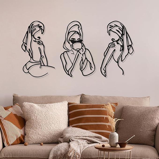 Photect 3 Pcs Metal Wall Art Decor Minimalist Abstract Woman Wall Art Metal Modern Line Drawing Decor Female Single Line Home Hanging for Bedroom Bathroom Living Room Christmas Housewarming(Romantic)