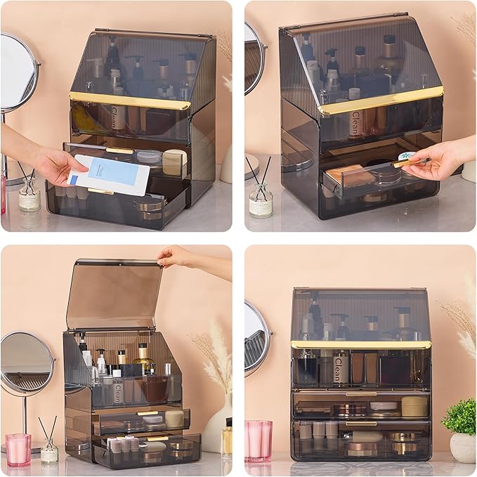Large Cosmetic Organizer Fully Transparent with Drawers, Dustproof Waterproof Bathroom Counter Storage for Skincare Lipstick Makeup Brushes(Black)