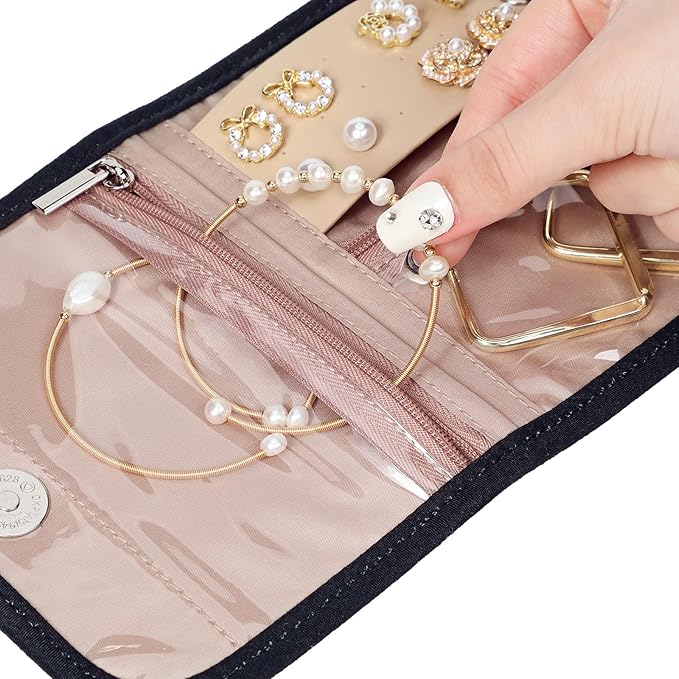 BELALIFE Travel Jewelry Case Organizer, Small Foldable Storage Roll for Earrings, Necklaces, Rings, Bracelets, Brooches, Black