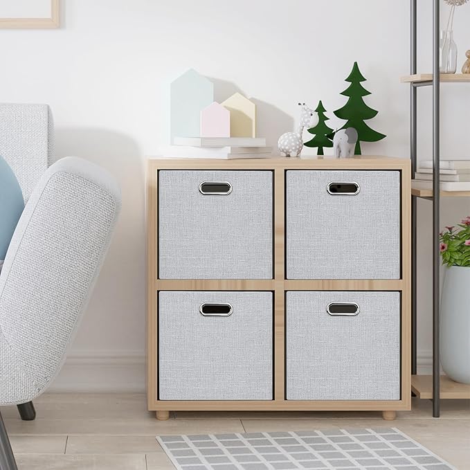 Posprica 15.12"x12.13"x12.01" Storage Cube Bins, Linen Decorative Closet Storage Organizer for IKEA Kallax, 4 Pack Fabric Foldable Large Storage Baskets for Closet, Shelves, Clothes, Toy(Grey)