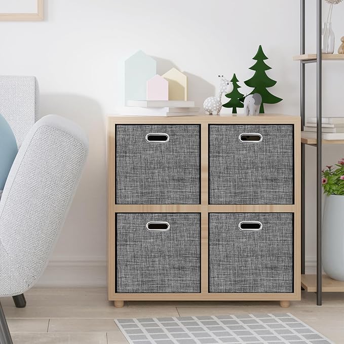 Posprica 15.12"x12.13"x12.01" Storage Cube Bins, Linen Decorative Closet Storage Organizer for IKEA Kallax, 4 Pack Fabric Foldable Large Storage Baskets for Closet, Shelves, Clothes, Toy (Black)