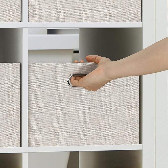 Posprica Closet Storage Bins, 4 Pack Closet Shelf Organizers, Linen Fabric Decorative Storage Baskets for Organizing, Foldable Storage Box for Clothes, Toy, 15x10.5x8.25 Inch (Beige)