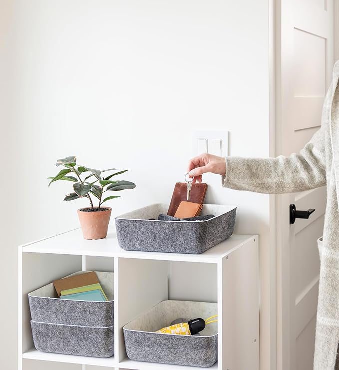 Three by Three Seattle felt·like·it!™ Small Cubby Storage Bin Set of 3 with Dividers – Eco-Friendly Recycled Felt Bins for Home & Office Organization, Charcoal