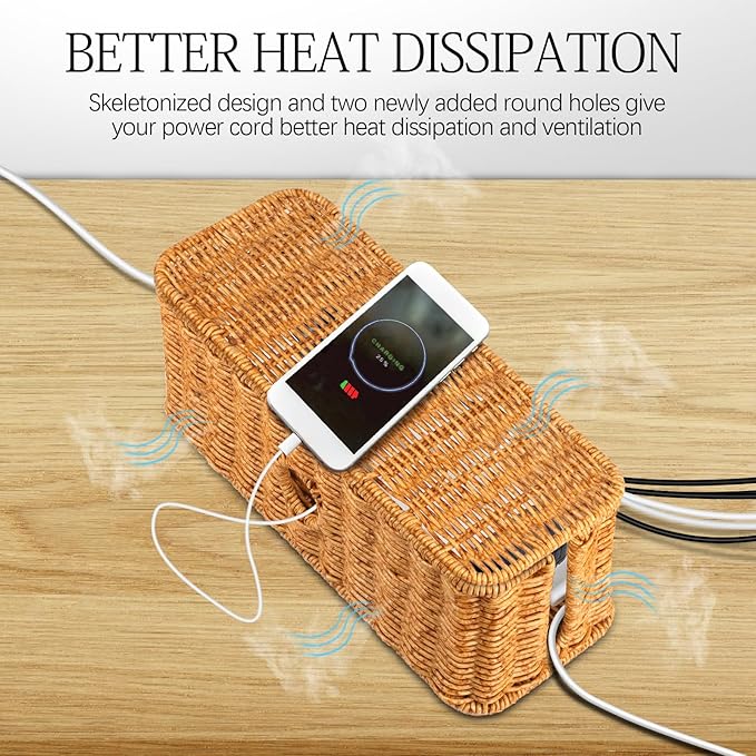 Rattan Cable Management Box Handwoven Cord Organizer Box, 4 Open Slots Cords Hider Box Under Desk Cable Management Suitable for TV Cables Computers Routers Power Cords to Hide and Organize