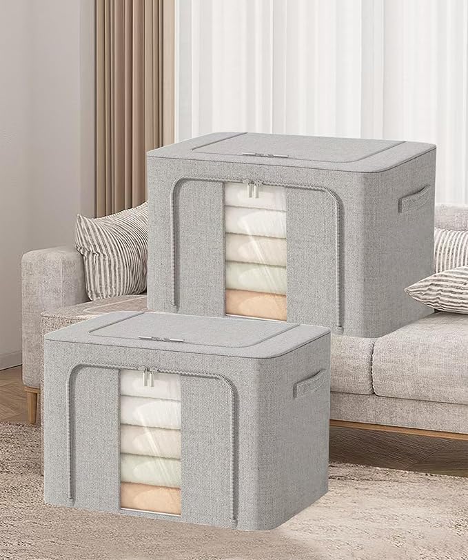 Clothes Storage Bins, Cloth Bags for Storage, 2 Pack Foldable Metal Frame Clothing Storing Bins with Double Visable Window, Large Capacity Container Box with Reinforced Handles, (66 L Grey)
