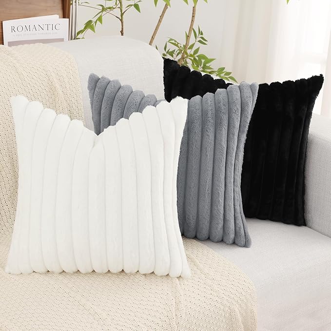 decorUhome Faux Fur Spring Throw Pillow Covers 16x16 Set of 2, Decorative Soft Plush Striped Neutral Couch Pillow Covers with Velvet Back for Sofa, Bed, Living Room Home, White