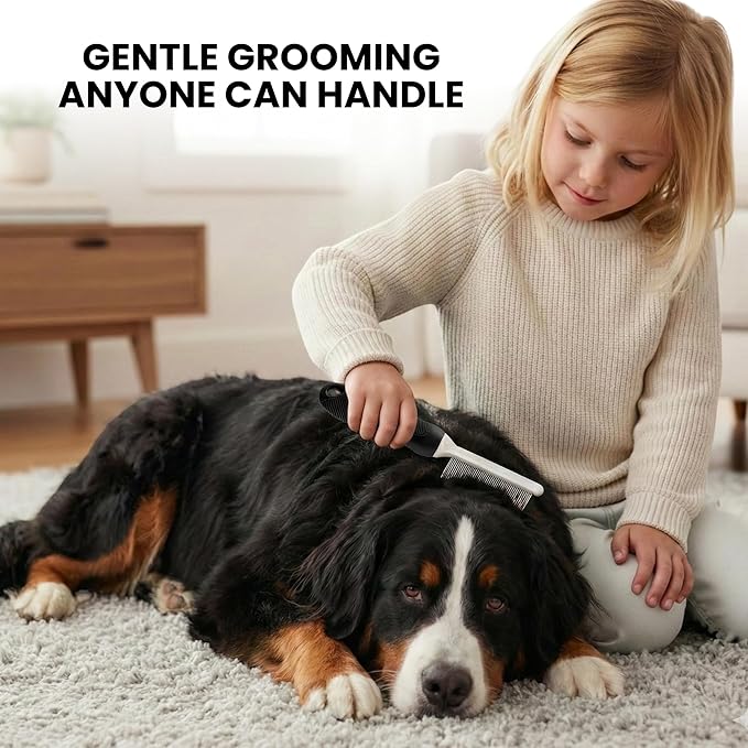 POODLIE Poodle Pet Dog Combs for Grooming Matting - Metal Comb for Dogs with Long & Short Stainless Steel Teeth - Dematting Comb for Cats to Remove Matted Hair & Knots, Black