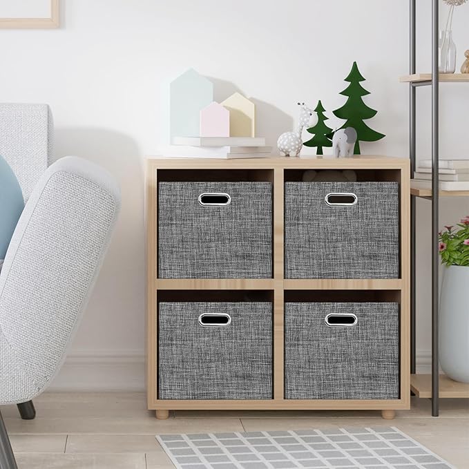 Posprica Closet Storage Bins, 4 Pack Large Closet Shelf Organizers, Linen Fabric Decorative Storage Baskets for Organizing, Foldable Storage Box for Clothes, Toy, 16.5x12x10.25 Inch (Black)