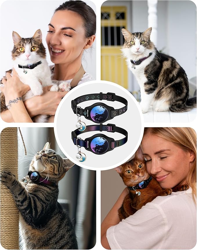 Cat Collar with Airtag Holder, 2 Pack Waterproof Breakaway Kitten Collar for Apple AirTag GPS Tracker, Adjustable Cat Collar with Buckle, Bell & Reflective Pattern for Cats, Kittens, Black (8-11")