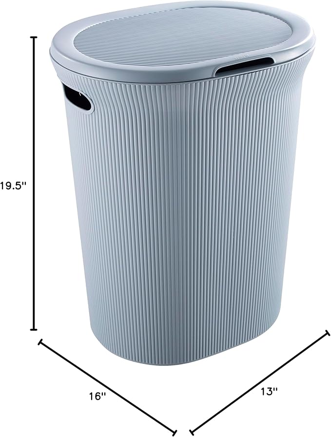 Superio Ribbed Collection - Decorative Plastic Laundry Hamper with Lid and Cut-Out Handles, Blue (1 Pack) Basket Organzier for Bedroom Bathroom College Dorm Room 40 Liter