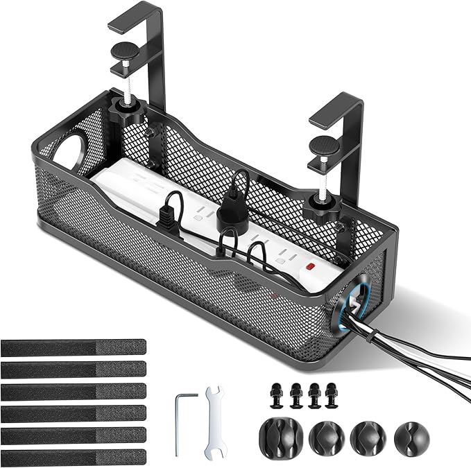 2 Pack Cable Management Under Desk Tray, No Drill Cable Management Box with Clamp for Wire Organization, Cord Organizer for Office, Home - No Damage to Desk (Black)