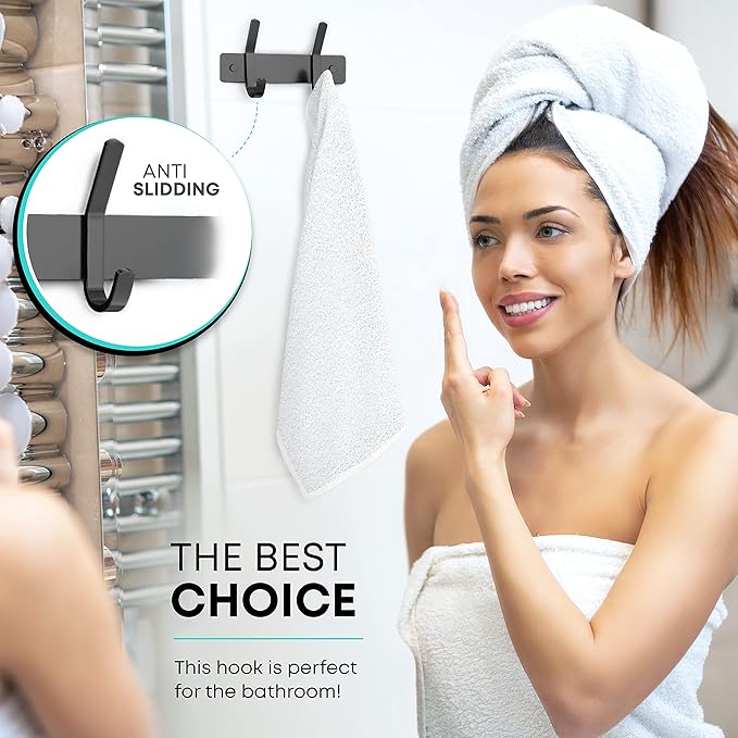 Matte Black Small Coat Rack Wall Mount – 6 Inch Stainless Steel Hook Rail with 2 Double Coat Hooks – Wall Mounted Entryway Organizer for Coats, Hats, Bags, Towels, Robes, Closet or Bathroom - 2 Pack