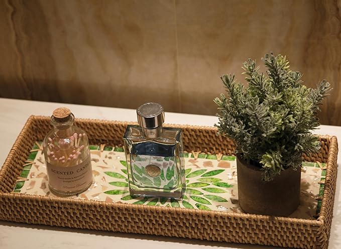 2 Pack Rattan Bathroom Vanity Tray with Mother of Pearl Inlay, Toilet Tank Tray, Toilet Basket Tank Topper, Bathroom Basket for Organizing and Decor (Green Leaves)