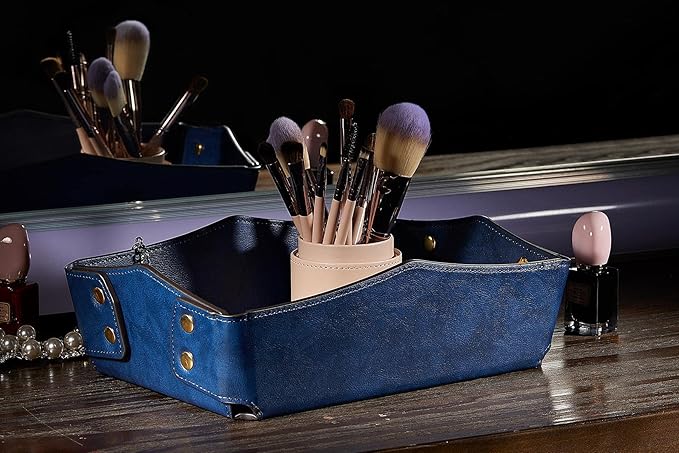 Leather Bedside Storage Tray - Jewelry Organizer for Girl's Key, Wallet, Coin Box - Travel PU Valet Tray (Dark Blue)