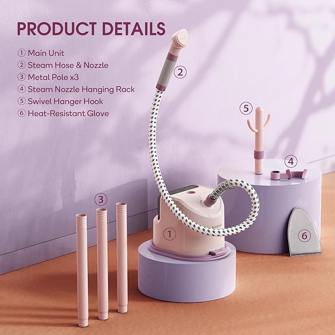 Newbealer Standing Garment Steamer - 1500W Full-Size Vertical Clothes Steamer with Foot Pedal, 57.5oz (1.7L) Large Water Tank, 45s Fast Heat-Up, 50-Min Powerful Steaming, Auto-Off (Pink)