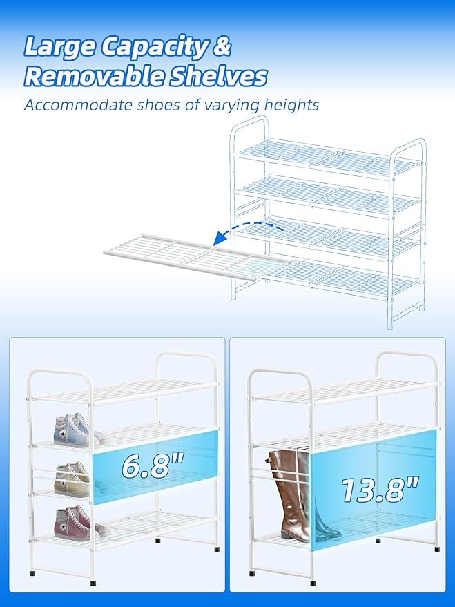 SUFAUY 4-Tier 33" Wide Shoe Rack, Closet Metal Shoe Rack Organizer Heavy Duty, Stackable, White