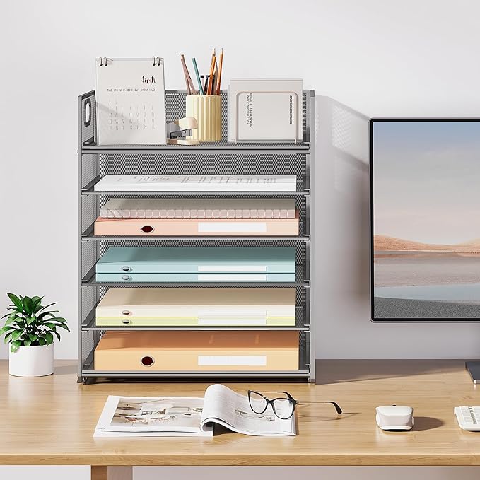 Subekyu 6 Tier Paper Organizer for Desk with Handle, Metal Mesh Desk Office File Folder Paper Letter Tray Accessories Organizer Sorter for Home, School, Office Desktop Document Organization - Silver