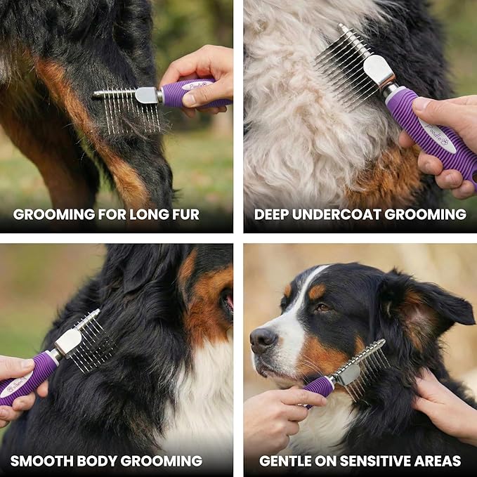 Poodle Dematting Fur Rake Comb Brush for Dogs and Cats - Long 2.5" Steel Safety Blades Metal Comb for Detangling Matted or Knotted Undercoat Hair