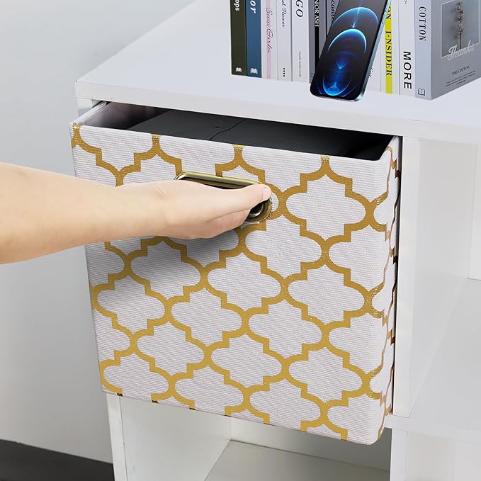 11x11x11 Cube Storage Bins, Collapsible Storage Bins Fabric Storage Cubes Organizer Baskets Box Drawers for Shelves, Closet, Wardrobe, Bookshelf, Cabinet, 3 Pack, White & Gold