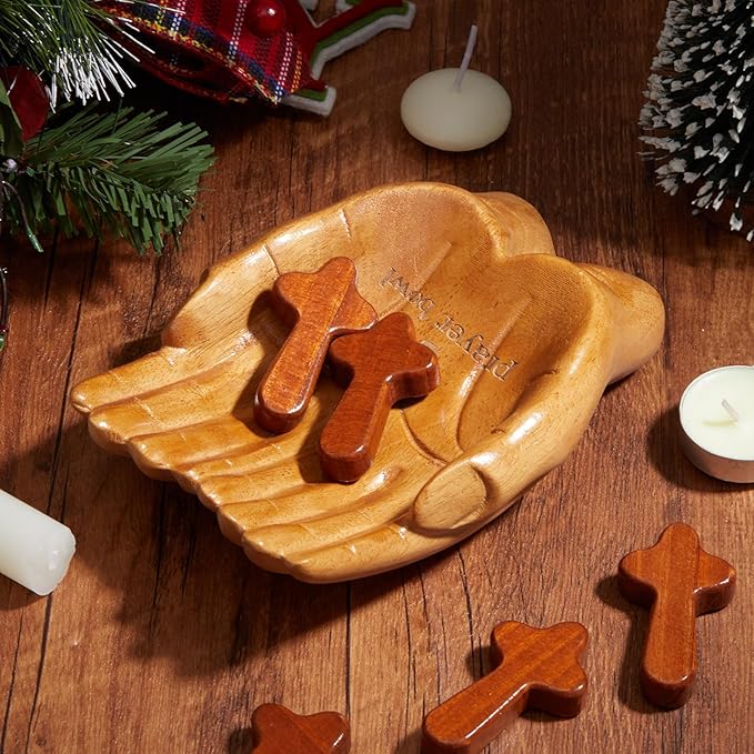 LemonRoad 36 Pcs Hands Shaped Prayer Bowl Set Wooden Prayer Bowl with 5 Wood Hand Held Crosses 30 Printed Cards for Mom Dad Christian Gift Religious Birthday Retirement Home Table Decor