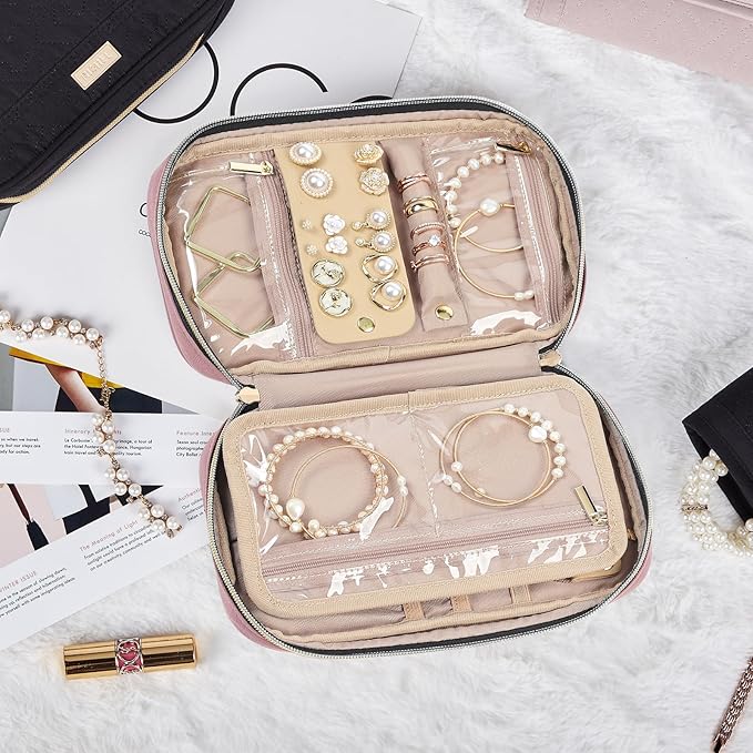 NISHEL Travel Jewelry Case, Holiday Organizer for Necklaces, Earrings, Rings, Bracelets, Watch, Rosewood-Pink