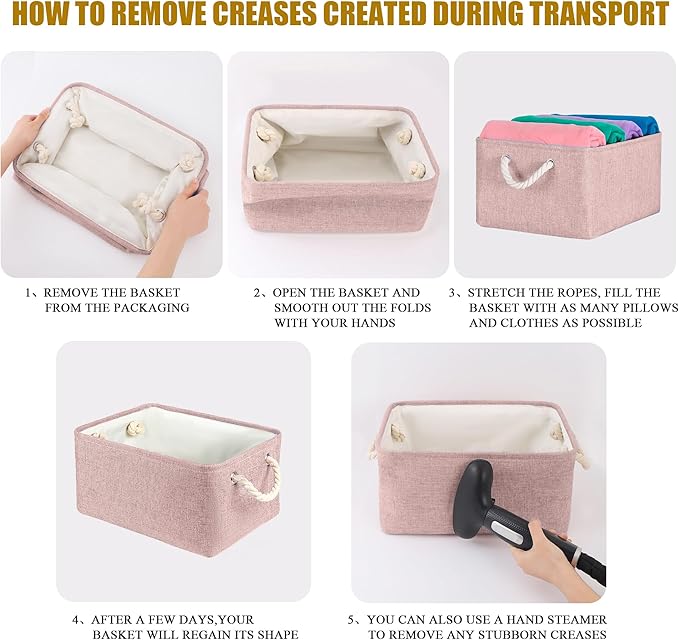 Storage Bins with Sturdy Cotton Handles(1 Pack), Fabric Storage Baskets for Organizing use for Office & Home, Book, Clothes, Toys, Closet Boxes (Medium, Pink, 14.2x10.2x7.1 inches)