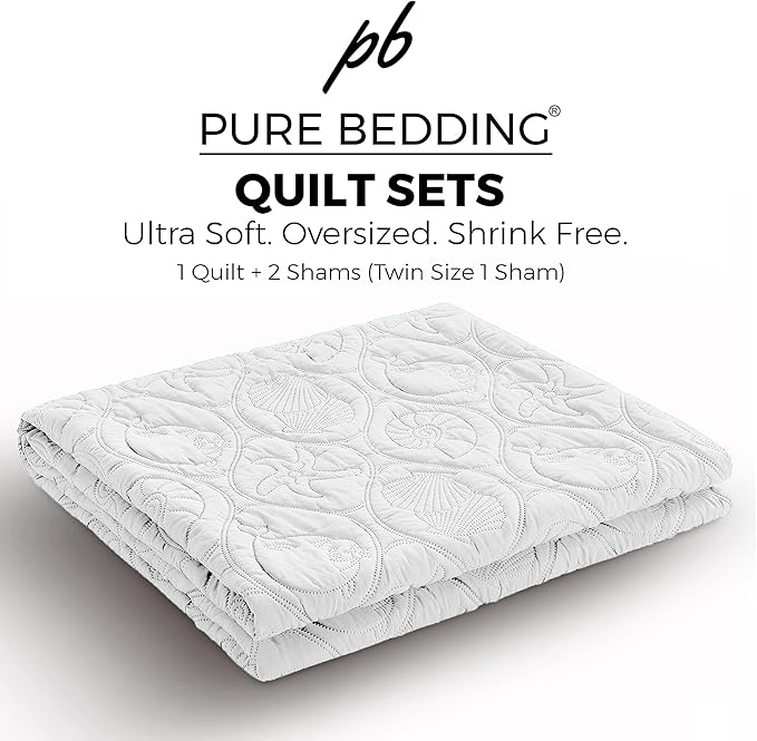 Pure Bedding Quilt Set King/Cal King/California King Size White - Oversized Bedspread - Microfiber Coverlet - Includes 1 Quilt and 2 Shams, Ocean Star Pattern