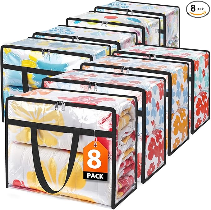 Clear Clothes Storage Bags, 8 Pack Closet Organizers and Under Bed Storage Containers, Foldable Moving Bags with Zippers for Comforter, Blanket, Bedding, Duvet, PVC Packing Bags 90L