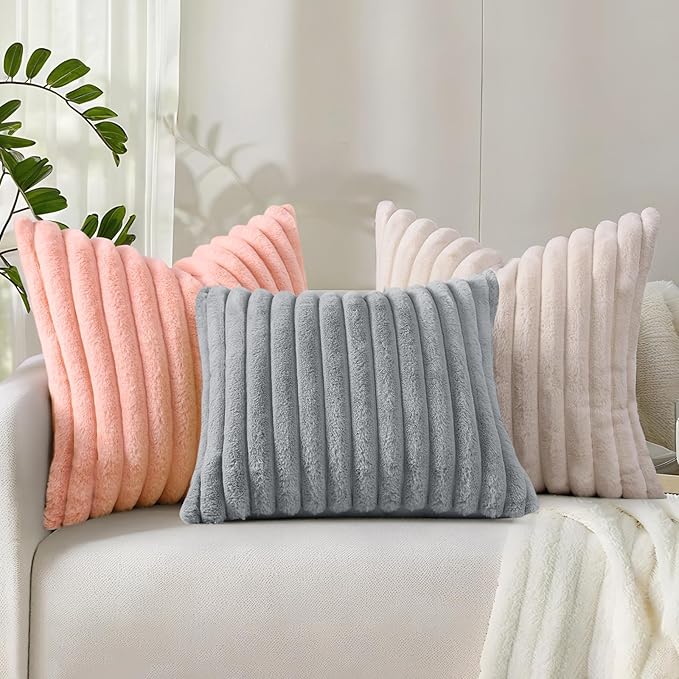 decorUhome Faux Fur Spring Throw Pillow Covers 22x22 Set of 2, Decorative Soft Plush Striped Neutral Couch Euro Sham Pillow Covers with Velvet Back for Sofa, Bed, Living Room Home, Beige