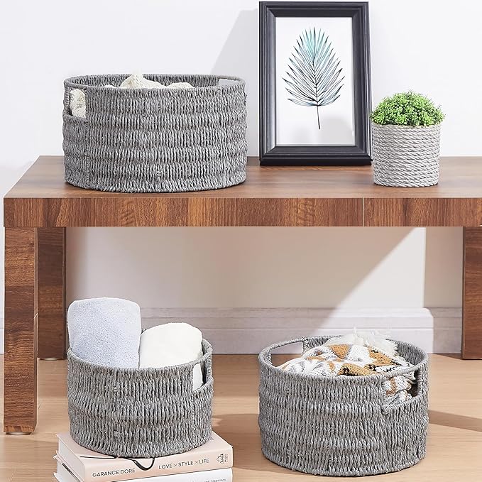Vagusicc Wicker Storage Basket, Hand-Woven Paper Rope Large Round Woven Basket With Handles, Wicker Baskets for Organizing/Storage, Grey, 3-Pack