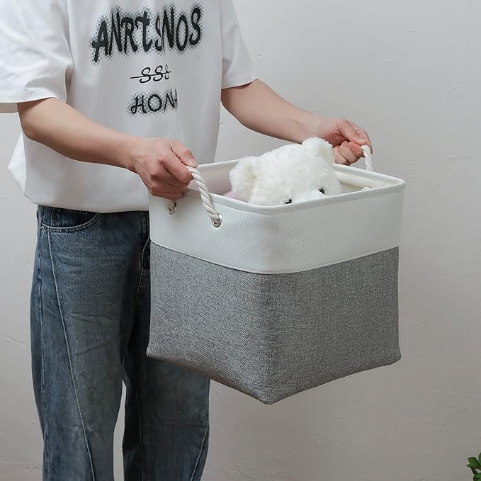 13 x 13 Inch Cube Storage Bins, 4 Pack Large Collapsible Fabric Storage Bin with Ropes, Foldable Storage Cubes for Home, Office,Closet, Clothes, Toys Organizer (White & Grey)