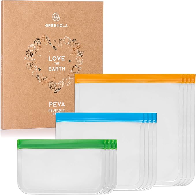 Greenzla Reusable Food Storage Bags - 12 Pack BPA-Free, Extra Thick, Leakproof Freezer & Lunch Carriers; 4 Gallon, Sandwich & Snack Options - Reusable Lunch Bags