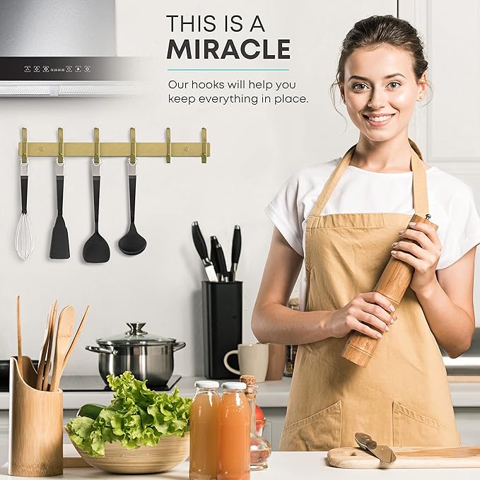 Brushed Gold Wall Mounted Coat Rack – 17 Inch Stainless Steel Rail with 6 Double Coat Hooks for Entryway, Bathroom, Bedroom, Kitchen – Modern Gold Hook Rack for Coats, Hats, Towels