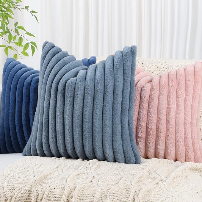 decorUhome Faux Fur Spring Throw Pillow Covers 12x20 Set of 2, Decorative Soft Plush Striped Lumbar Neutral Couch Pillow Covers with Velvet Back for Sofa, Bed, Living Room Home, Grey Blue
