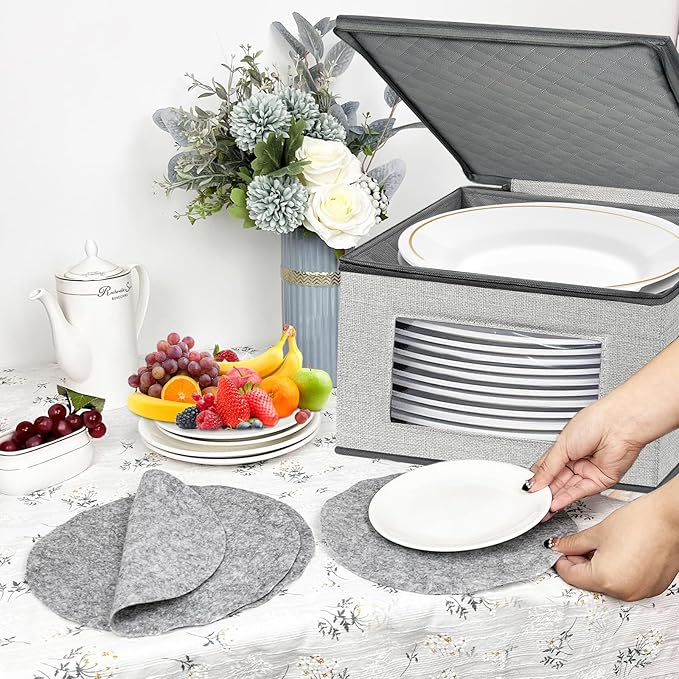 China Storage Containers, 12 Inch Dinner Plate Dish Storage Containers, Hard Shell Quilted Dinnerware Storage Box Case with Lids and Felt Protectors for Dishes Plates Storage and Moving (Light Grey)