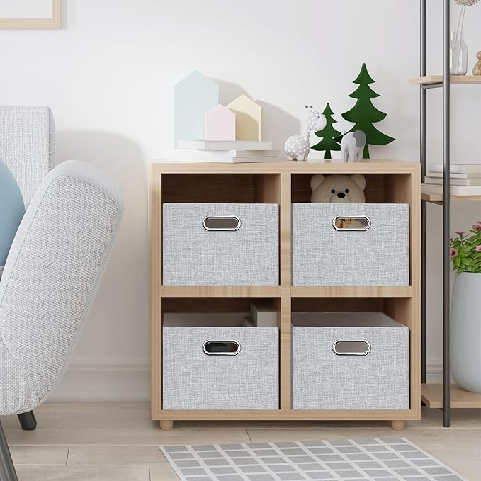 Posprica Closet Organizers and Storage, 4 Pack Large Linen Storage Bins, Decorative Shelf Storage Baskets for Organizing, Foldable Fabric Storage Box for Clothes, Toy, 15x10.5x8.25 Inch(Grey)