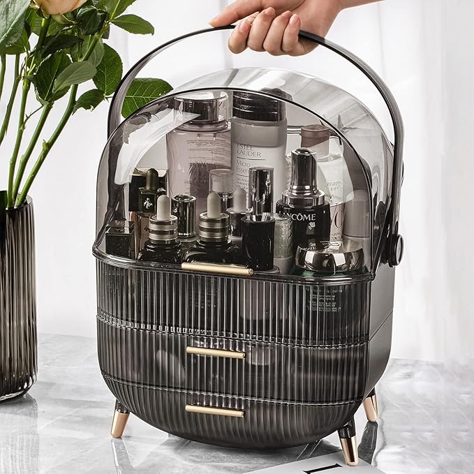 CANITORON Makeup Organizer,Large Capacity Skincare Organizer for Vanity,Cosmetic Organizer with 2 Drawers and Transparent Cover for Bedroom Countertop and Bathroom Countertop Storage.(Gray)