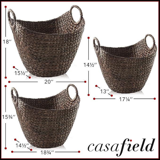 Casafield Set of 3 Multipurpose Boat Baskets with Handles - Espresso, Woven Water Hyacinth Storage Organizers for Throw Blankets, Bedroom, Living Room, Laundry